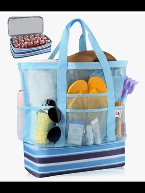 Mesh Beach Tote w Cooler Detachable Base (2 In 1)